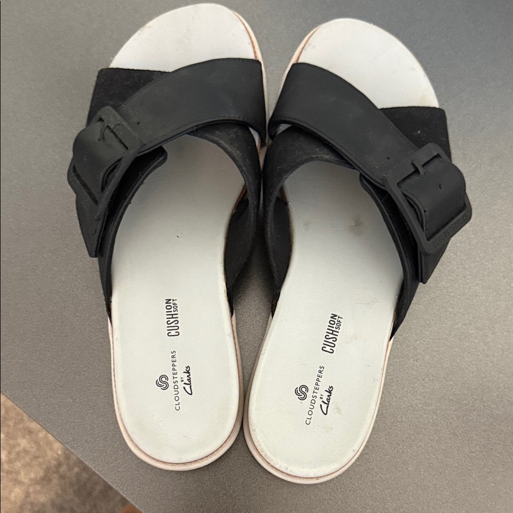 Clarks Black Slip-On Buckle Slide Sandals
